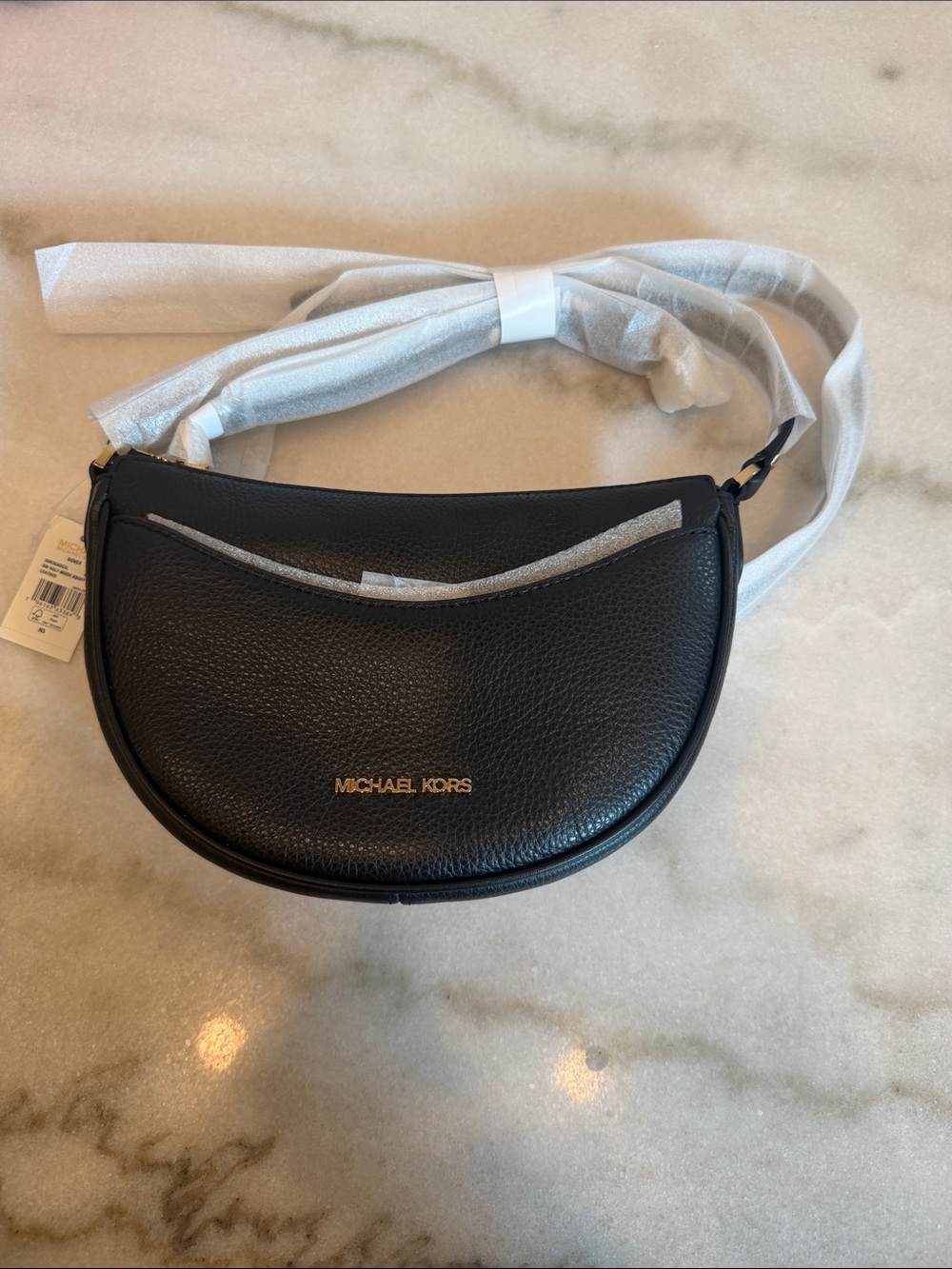 Michael Kors Black Pebbled Leather Crescent Crossbody with Gold Logo